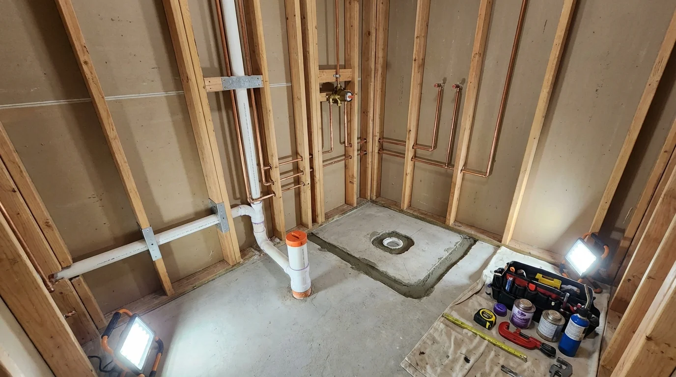 Bathroom rough-in plumbing during remodel by Johns Plumbing LLC in Lehigh Acres