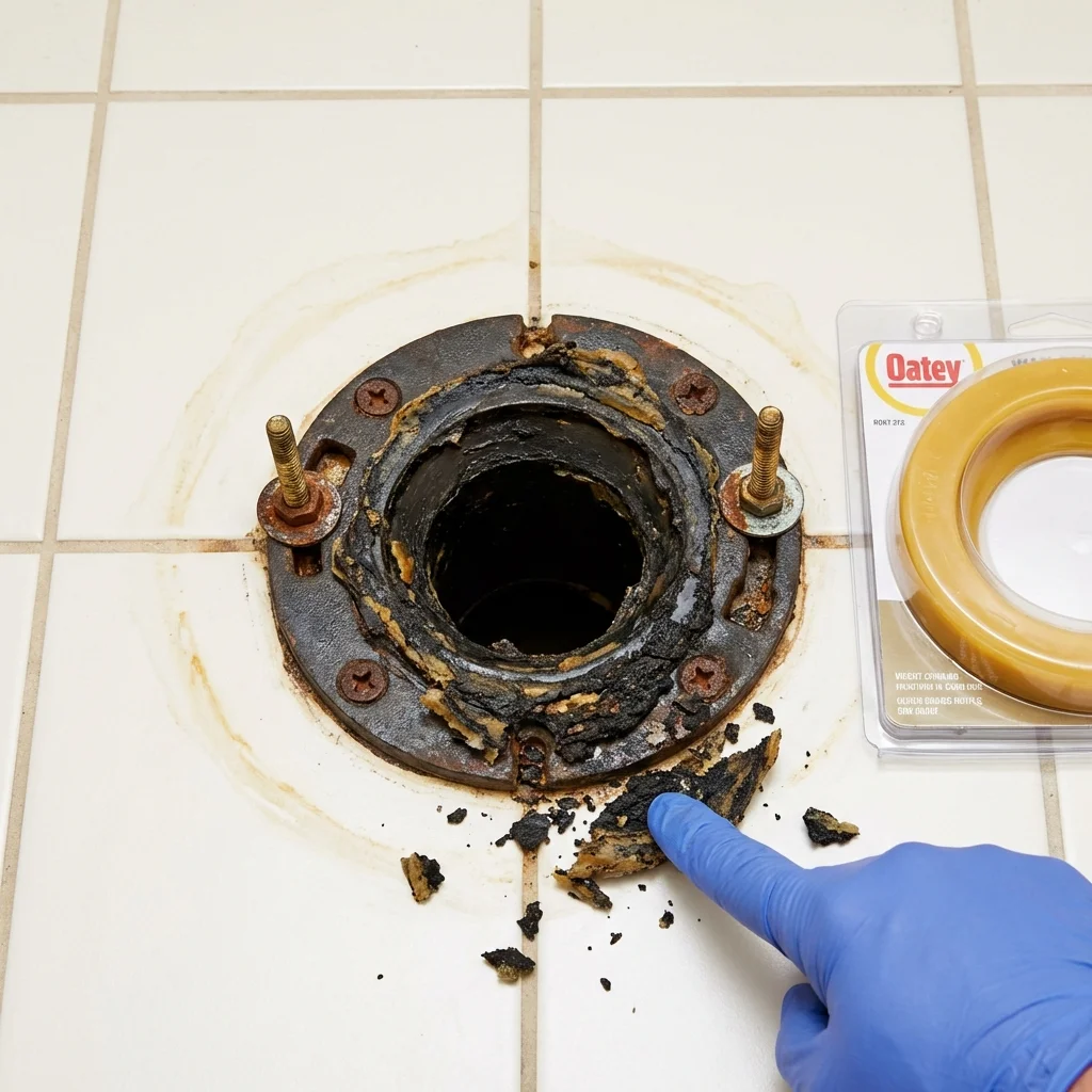 Failed wax ring showing water seepage at the base of a toilet in a Lehigh Acres, FL home